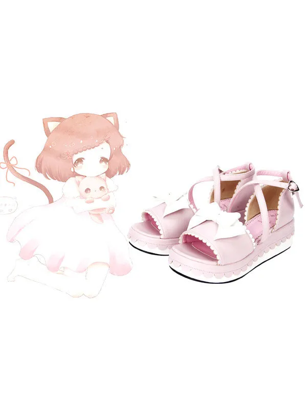 Pink Lolita Platform Sandals White Bows Ankle Straps Heart Shape Buckle