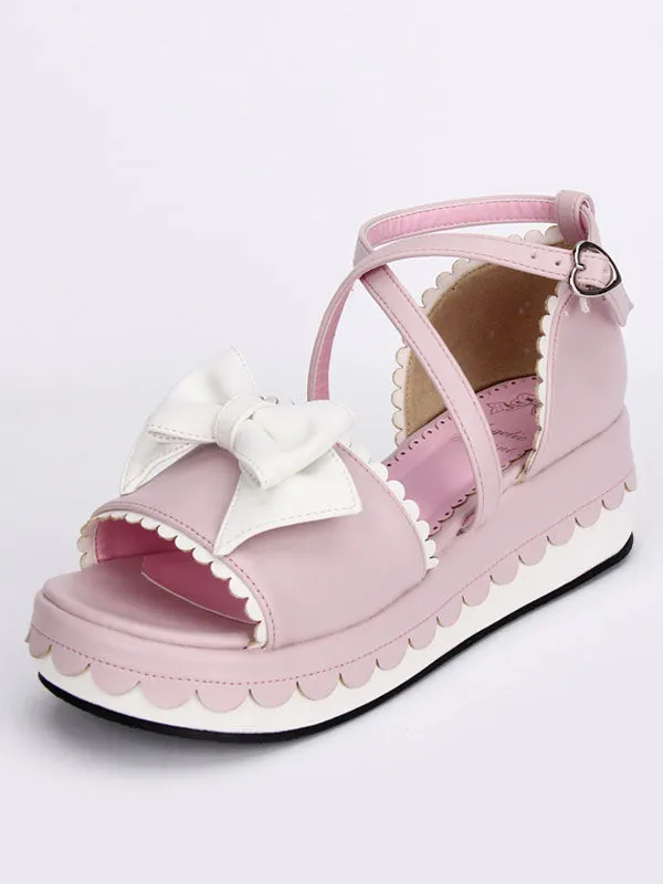 Pink Lolita Platform Sandals White Bows Ankle Straps Heart Shape Buckle