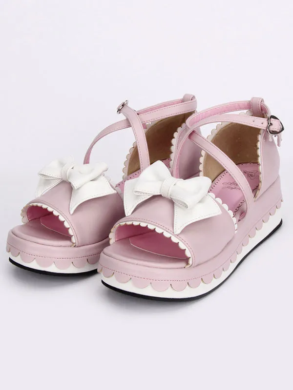 Pink Lolita Platform Sandals White Bows Ankle Straps Heart Shape Buckle