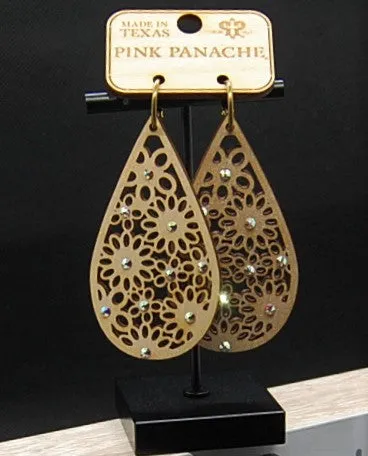 Pink Panache- Pearl White Wood Floral Teardrop earrings