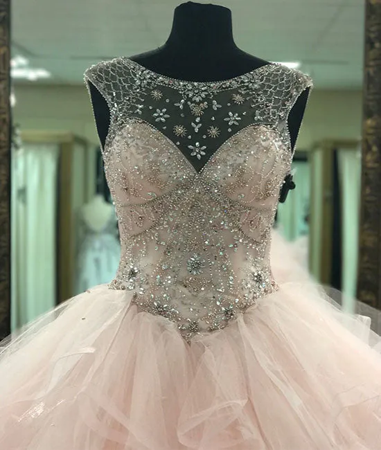 Pink round neck tulle beads long prom gown, pink sweet 16 dress