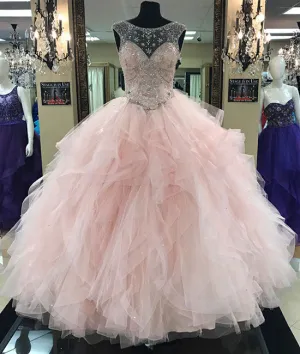 Pink round neck tulle beads long prom gown, pink sweet 16 dress