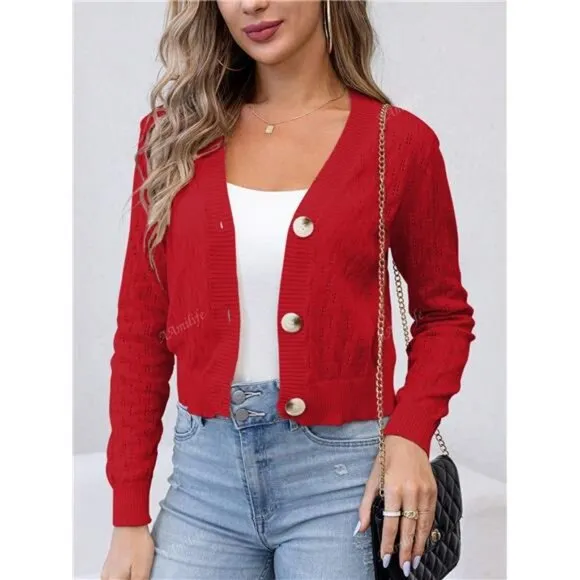 Plain V-Neck Hollow Button Casual Short Cardigan