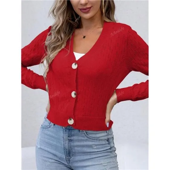 Plain V-Neck Hollow Button Casual Short Cardigan
