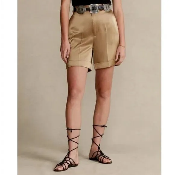 Polo Ralph Lauren High Rose Cuffed Satin Shorts in Gold Tan Size 4 NWT