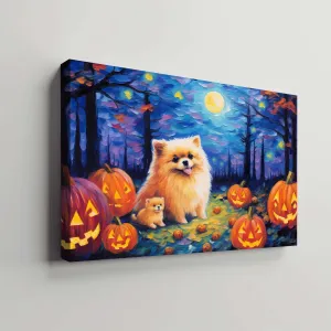 Pomeranians Dog 02 Halloween With Pumpkin Oil Painting Van Goh Style, Wooden Canvas Prints Wall Art Painting , Canvas 3d Art