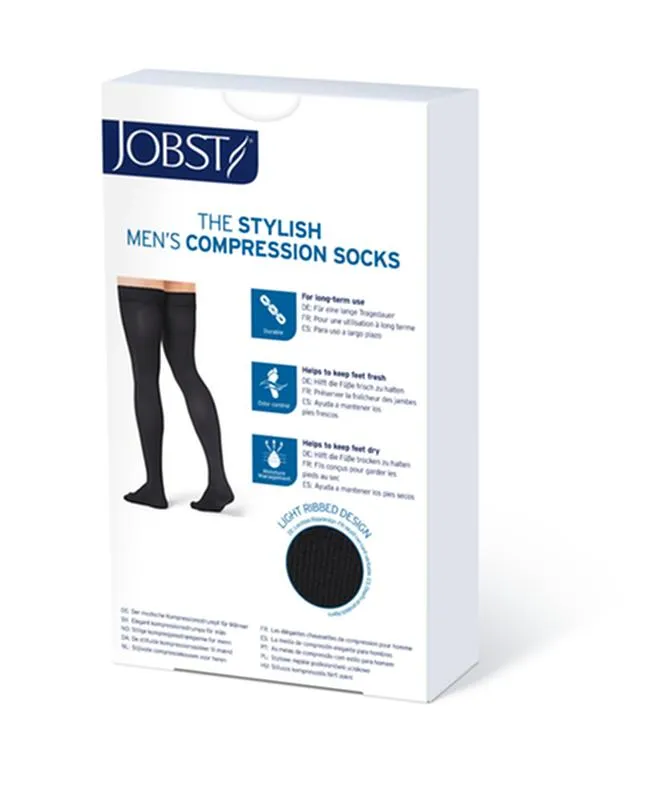 PR/1 JOBST MEDICAL LEG WEAR, MEN, RIBBED, THIGH HIGH W/SIL DOT BAND, 20-30MMHG, MD, BLACK, CLOSED TOE
