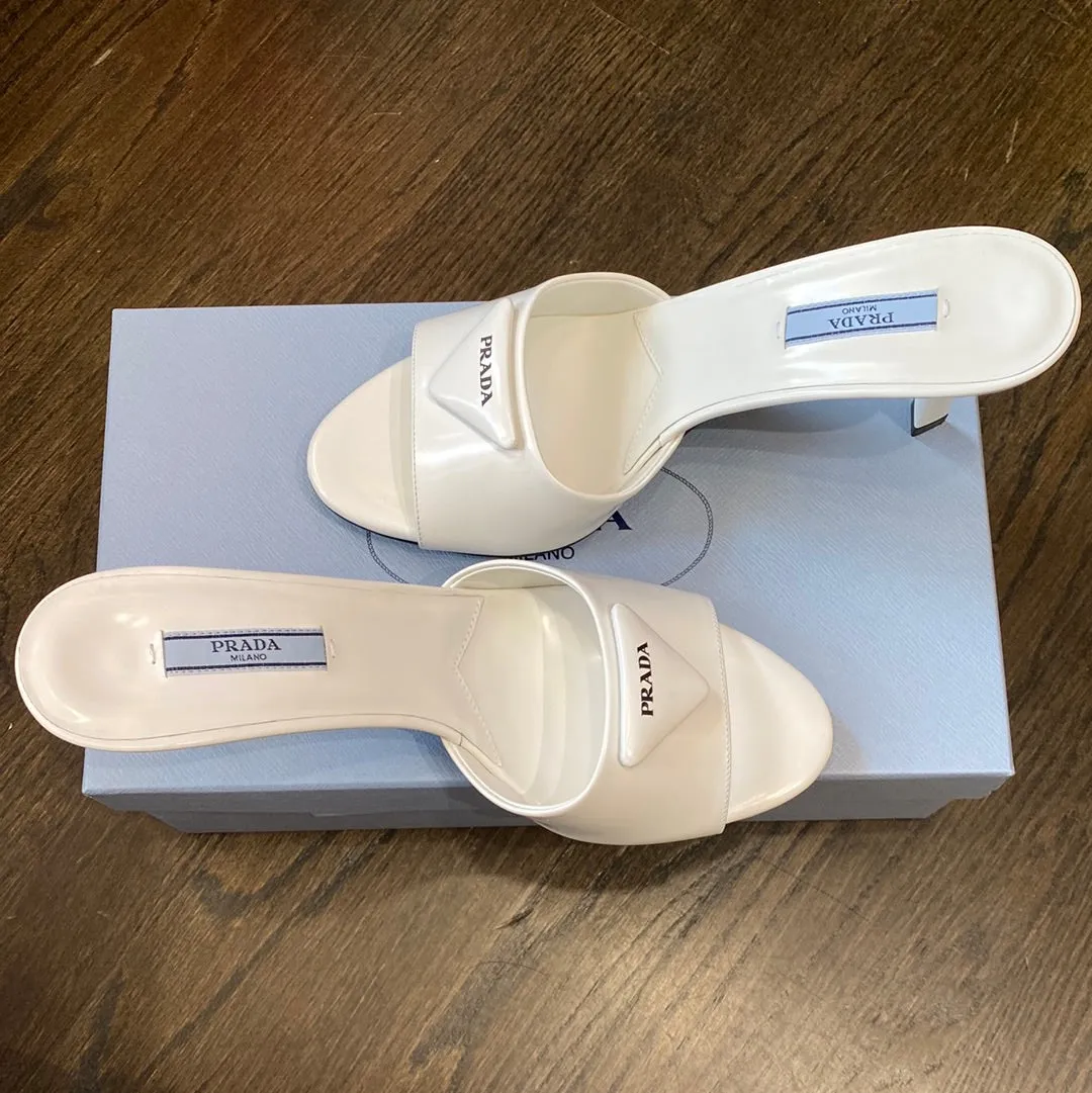 Prada White Leather Logo Heel Mule Sandals