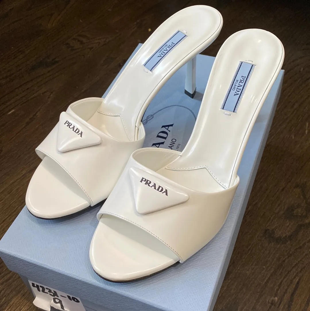 Prada White Leather Logo Heel Mule Sandals