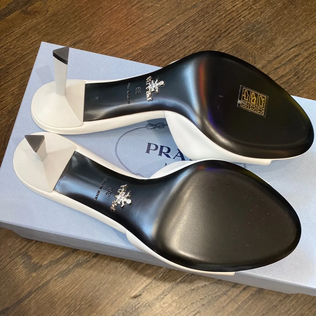 Prada White Leather Logo Heel Mule Sandals