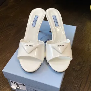 Prada White Leather Logo Heel Mule Sandals