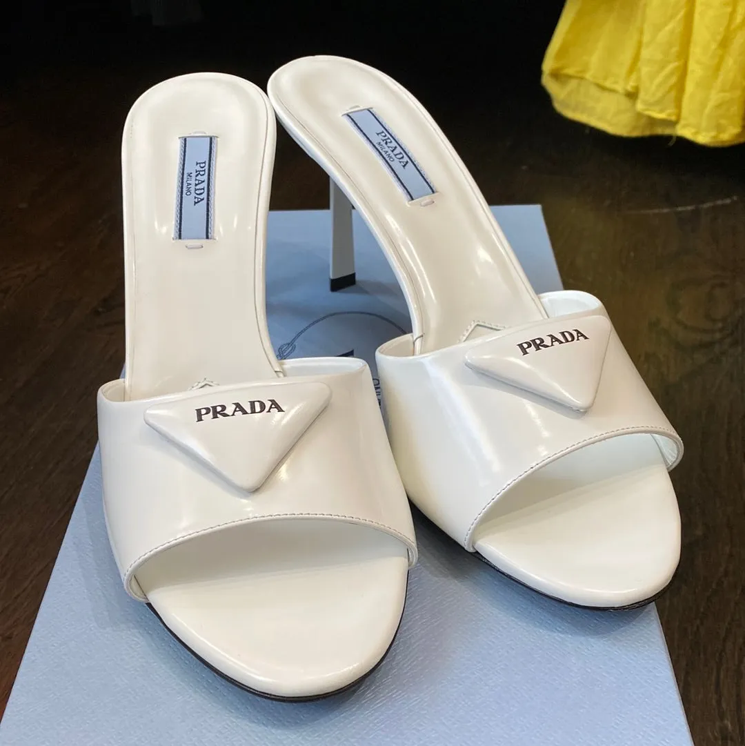 Prada White Leather Logo Heel Mule Sandals