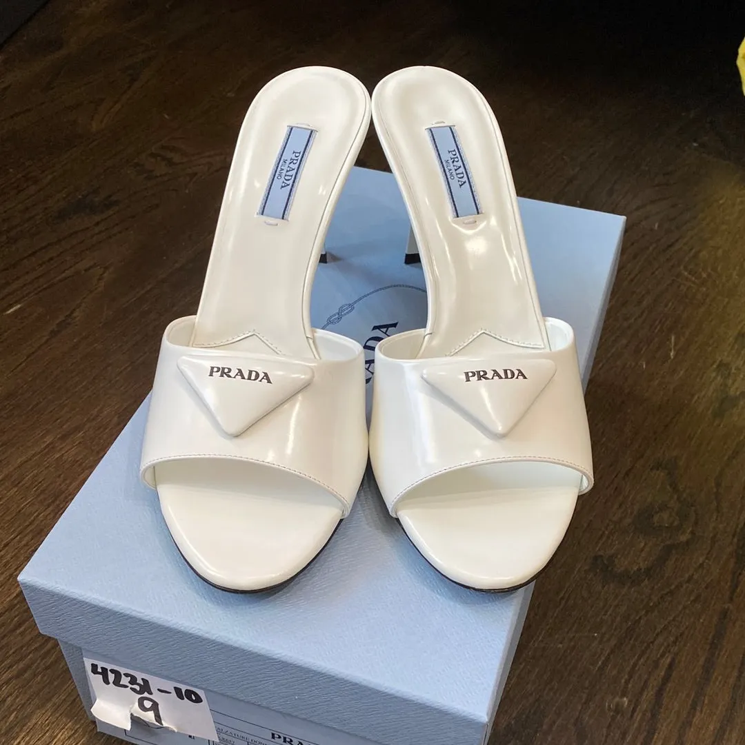 Prada White Leather Logo Heel Mule Sandals