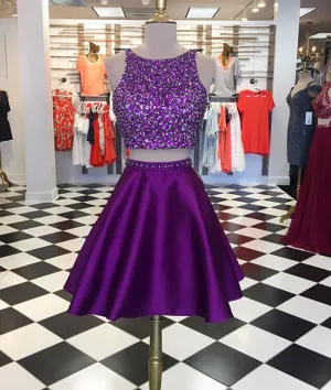 Purple two pieces sequin short prom dress, purple homecoming dress