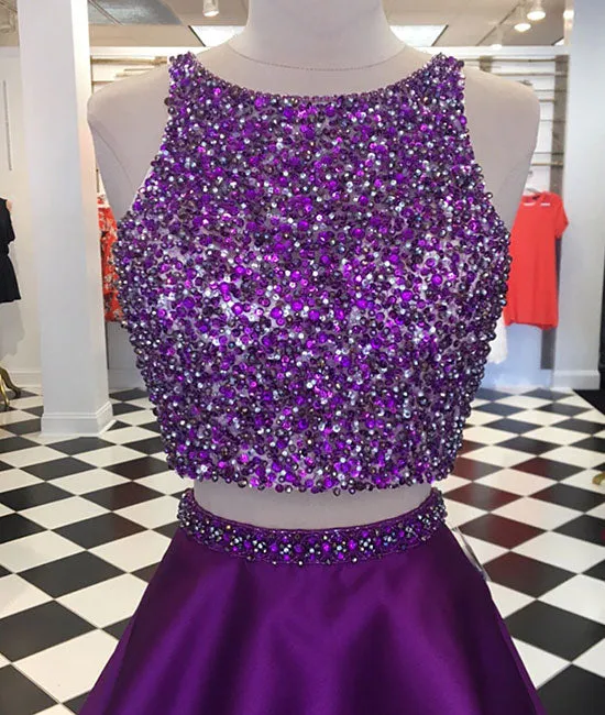 Purple two pieces sequin short prom dress, purple homecoming dress