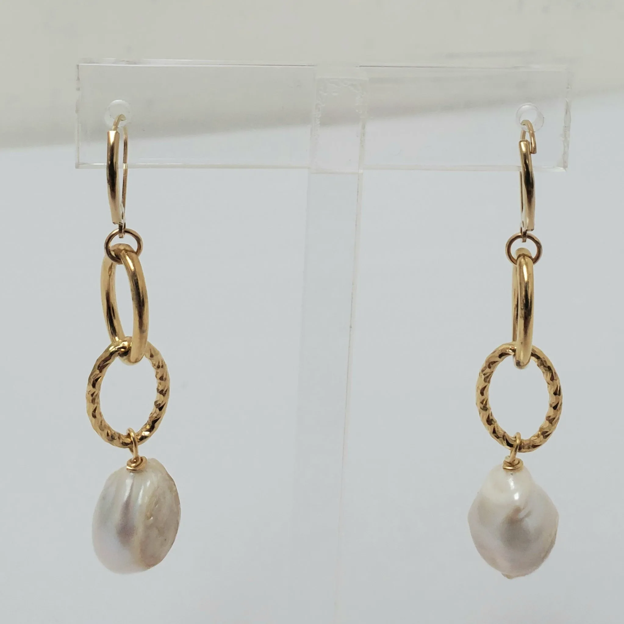 Ramina Pearls Double Hoop Gold Filled Earrings With White Baroque Pearls