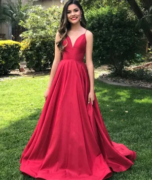 Red v neck satin long prom dress, red evening dress