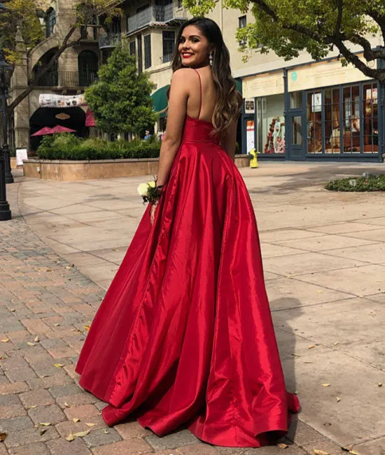 Red v neck satin long prom dress, red evening dress