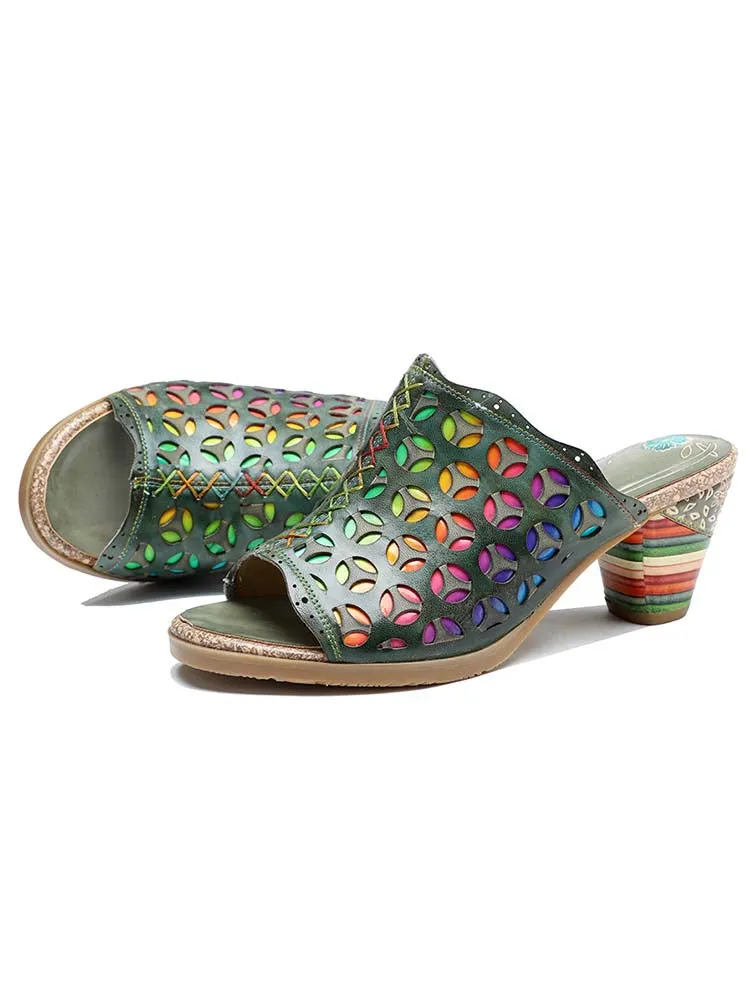 Retro Rainbow Leather Colored Striped Heel Slippers