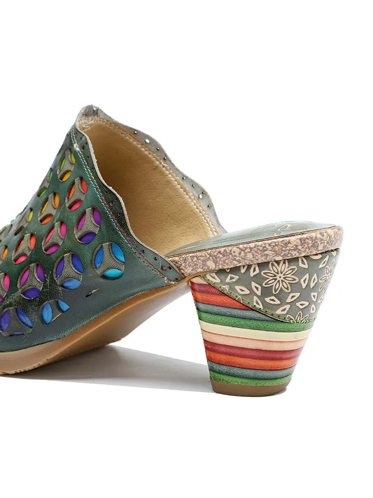 Retro Rainbow Leather Colored Striped Heel Slippers