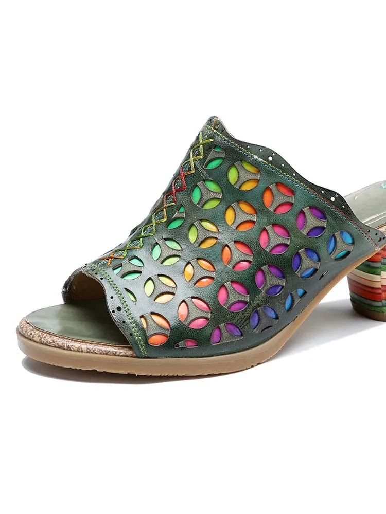 Retro Rainbow Leather Colored Striped Heel Slippers