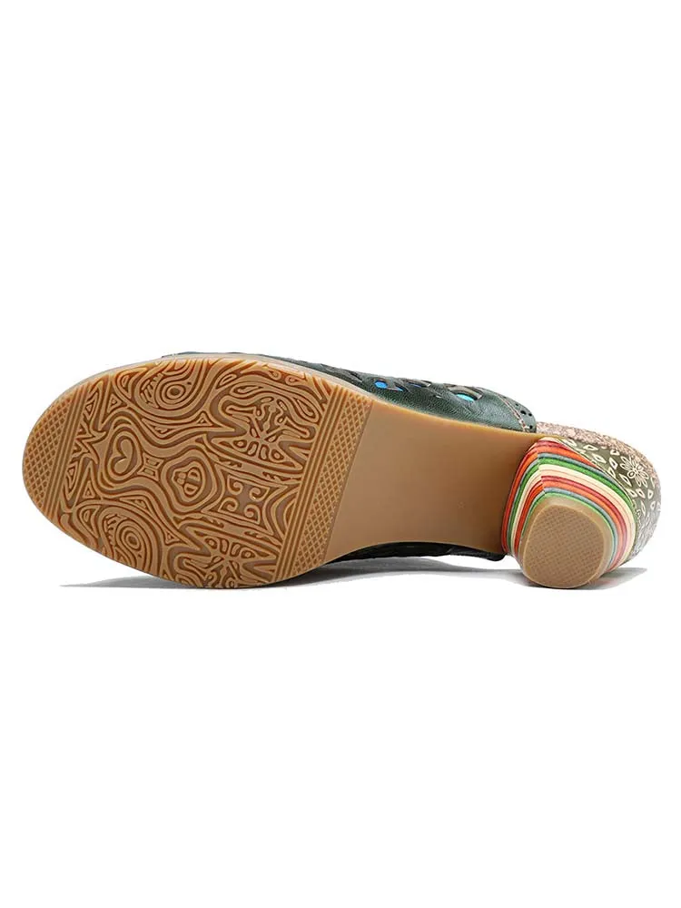 Retro Rainbow Leather Colored Striped Heel Slippers