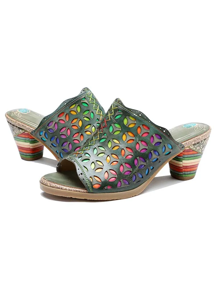 Retro Rainbow Leather Colored Striped Heel Slippers