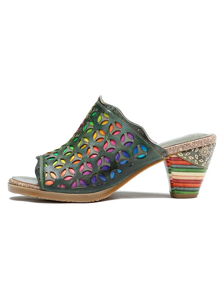 Retro Rainbow Leather Colored Striped Heel Slippers