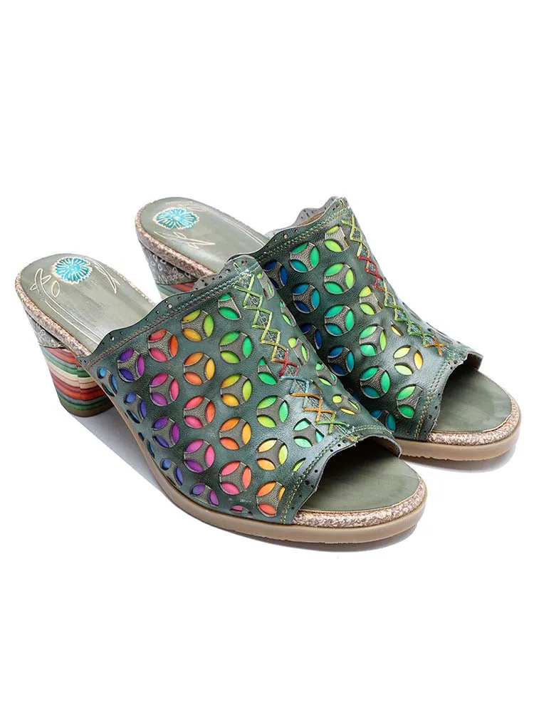 Retro Rainbow Leather Colored Striped Heel Slippers