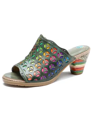 Retro Rainbow Leather Colored Striped Heel Slippers