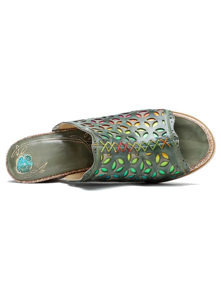 Retro Rainbow Leather Colored Striped Heel Slippers