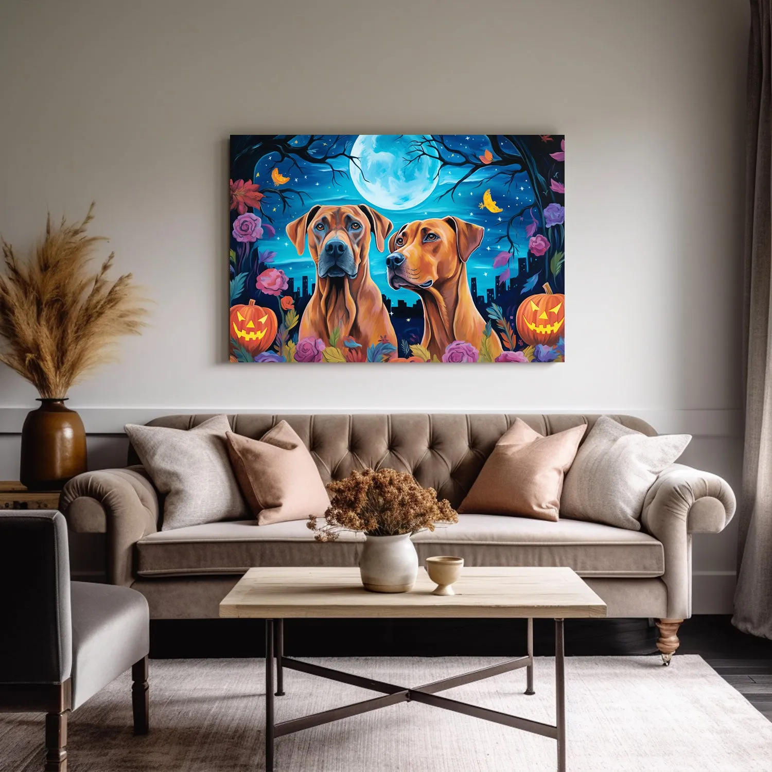 Rhodesian Ridgebacks Dog 01 Halloween With Pumpkin Oil Painting Van Goh Style, Wooden Canvas Prints Wall Art Painting , Canvas 3d Art