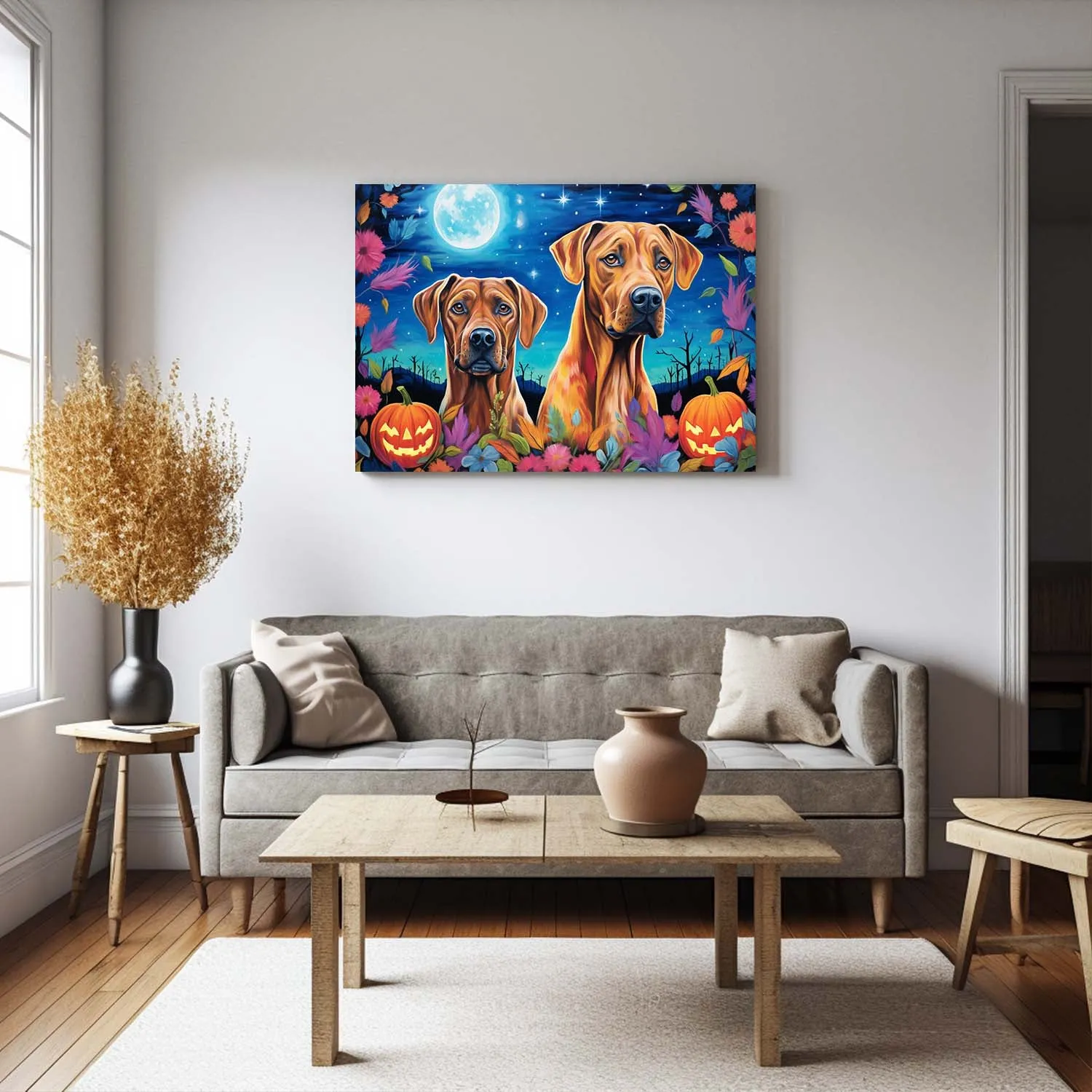 Rhodesian Ridgebacks Dog Halloween With Pumpkin Oil Painting Van Goh Style, Wooden Canvas Prints Wall Art Painting , Canvas 3d Art