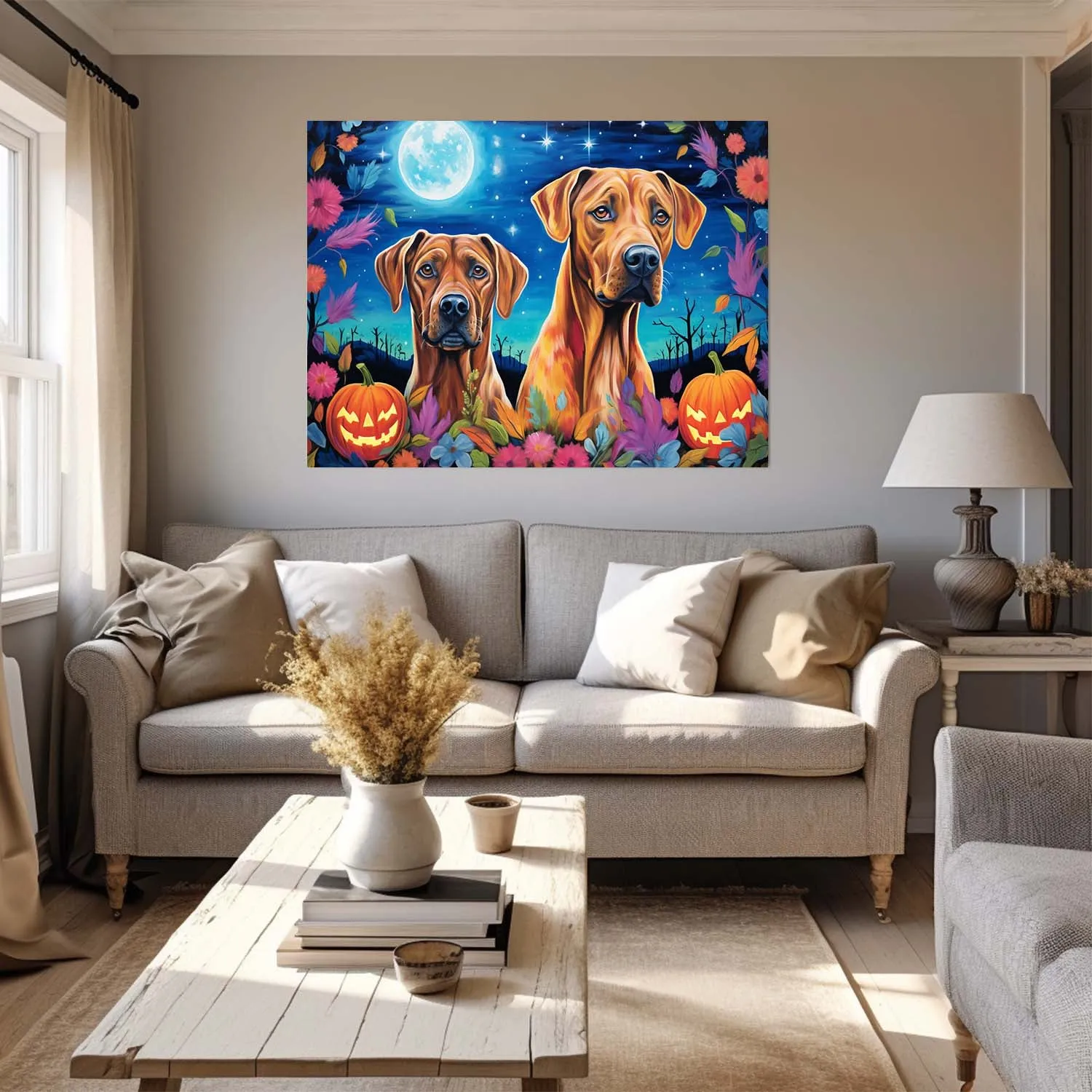 Rhodesian Ridgebacks Dog Halloween With Pumpkin Oil Painting Van Goh Style, Wooden Canvas Prints Wall Art Painting , Canvas 3d Art