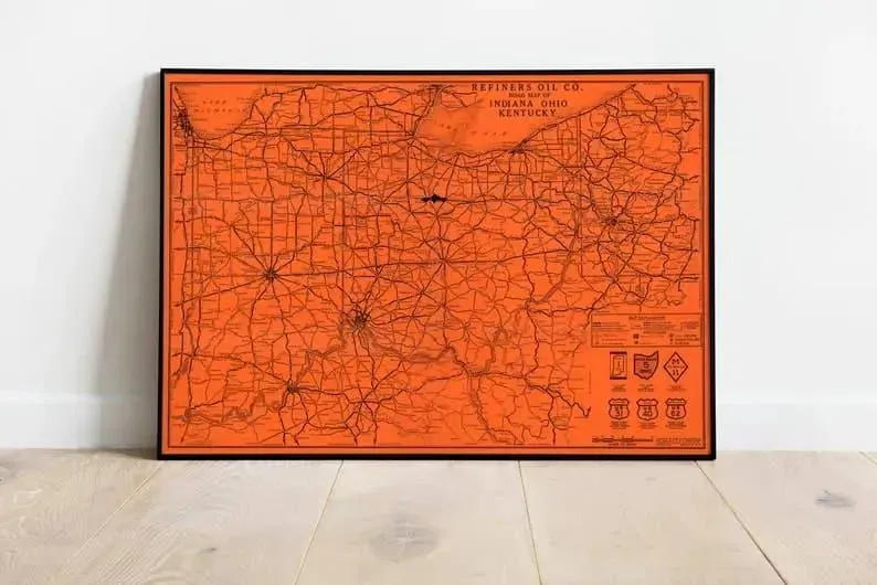Road Map of indiana, Ohio and Kentucky| Vintage Road Map of USA