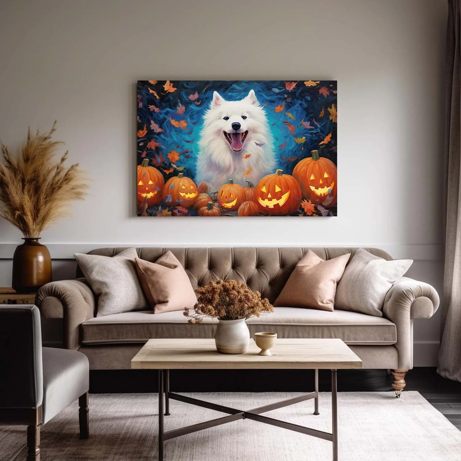 Samoyeds Dog 02 Halloween With Pumpkin Oil Painting Van Goh Style, Wooden Canvas Prints Wall Art Painting , Canvas 3d Art
