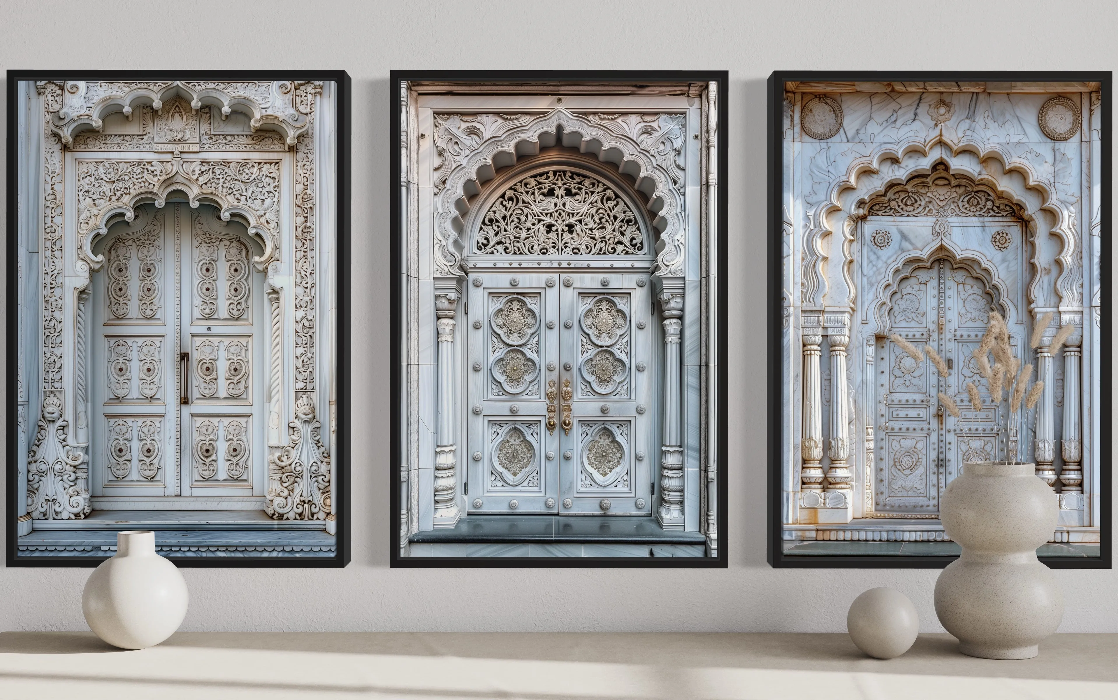 Set Of Three Neutral Grey Indian Doors Framed Canvas Wall Art