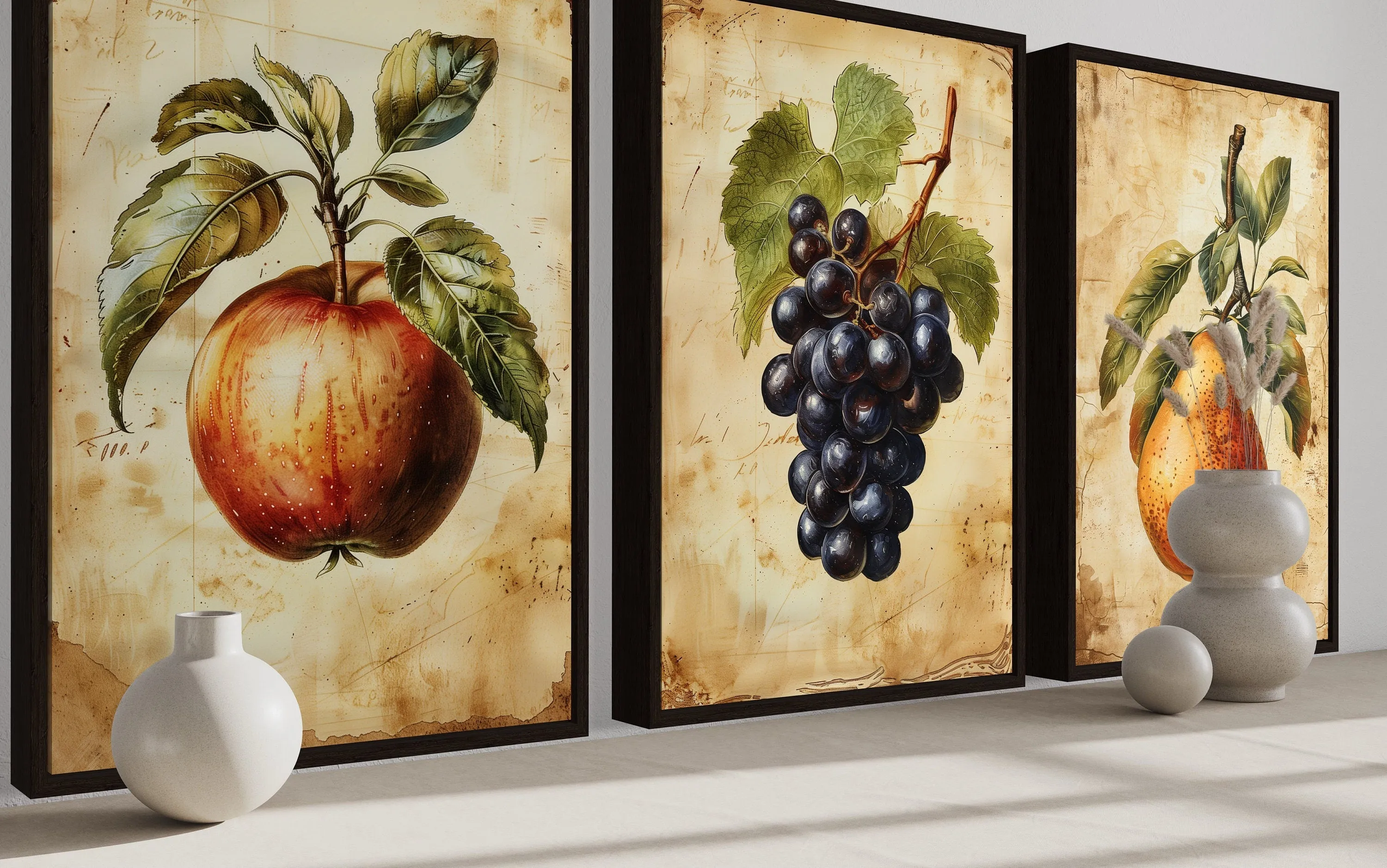 Set Of Three Vintage Fruit Wall Art For Dining Room Apple Pear Grapes