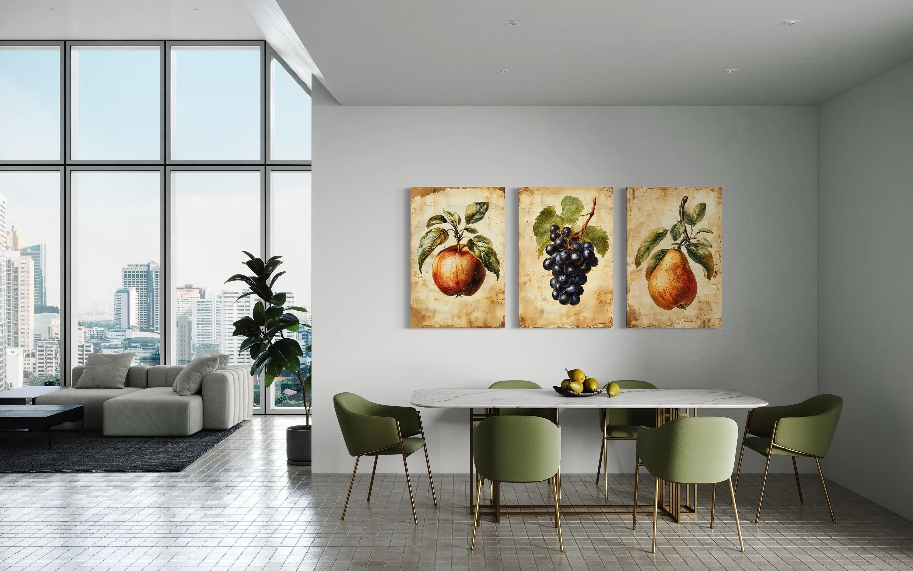 Set Of Three Vintage Fruit Wall Art For Dining Room Apple Pear Grapes
