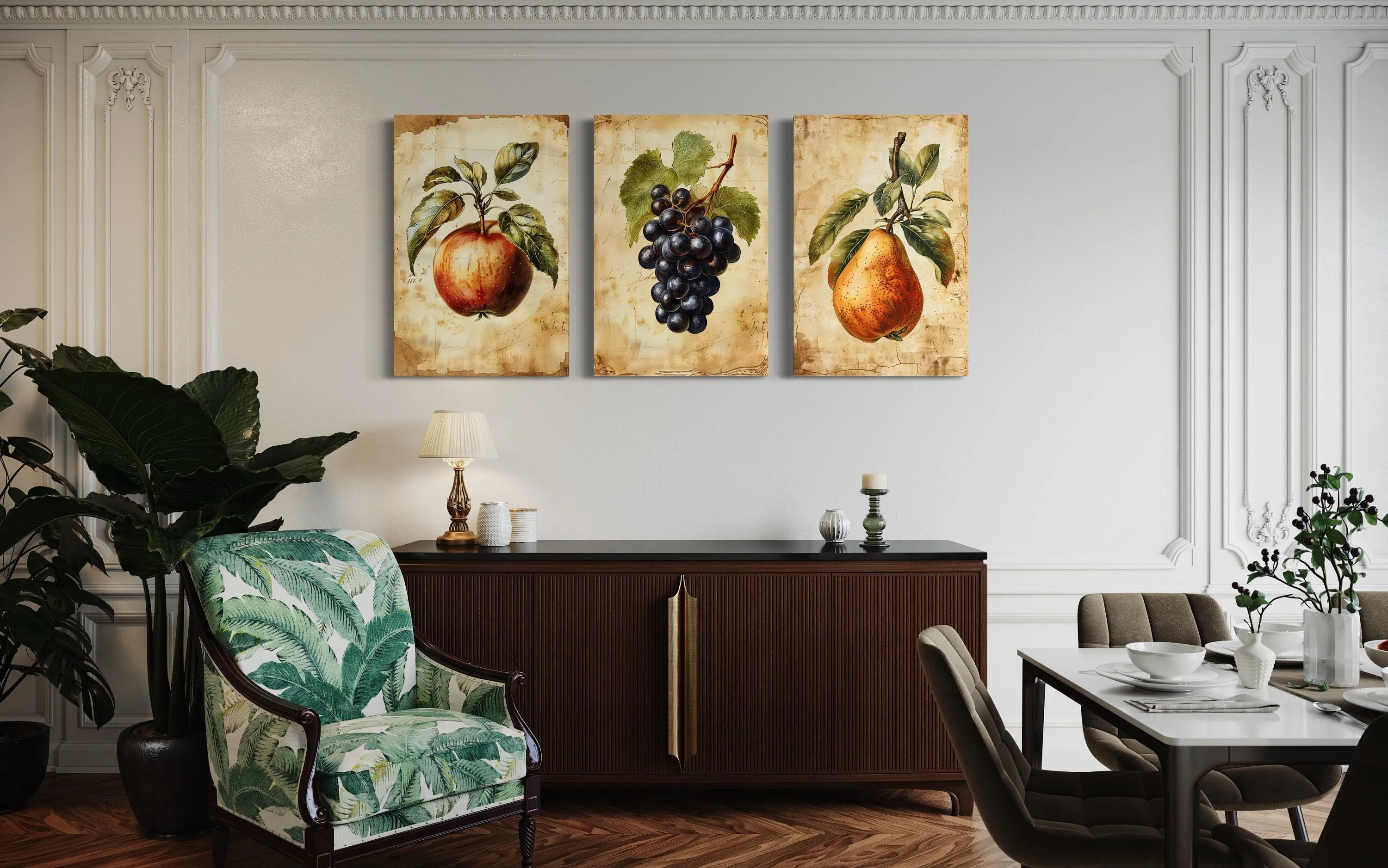 Set Of Three Vintage Fruit Wall Art For Dining Room Apple Pear Grapes