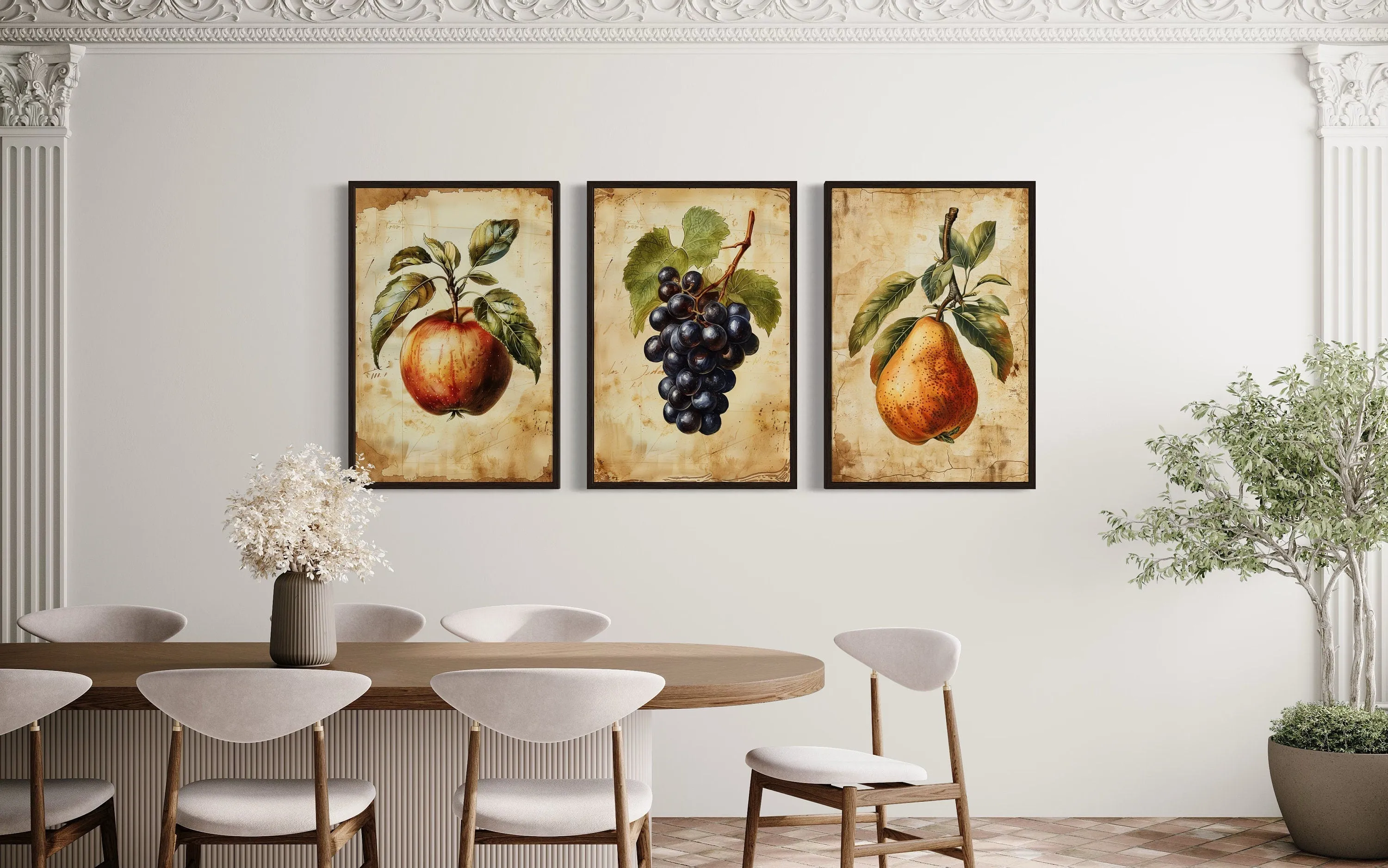 Set Of Three Vintage Fruit Wall Art For Dining Room Apple Pear Grapes