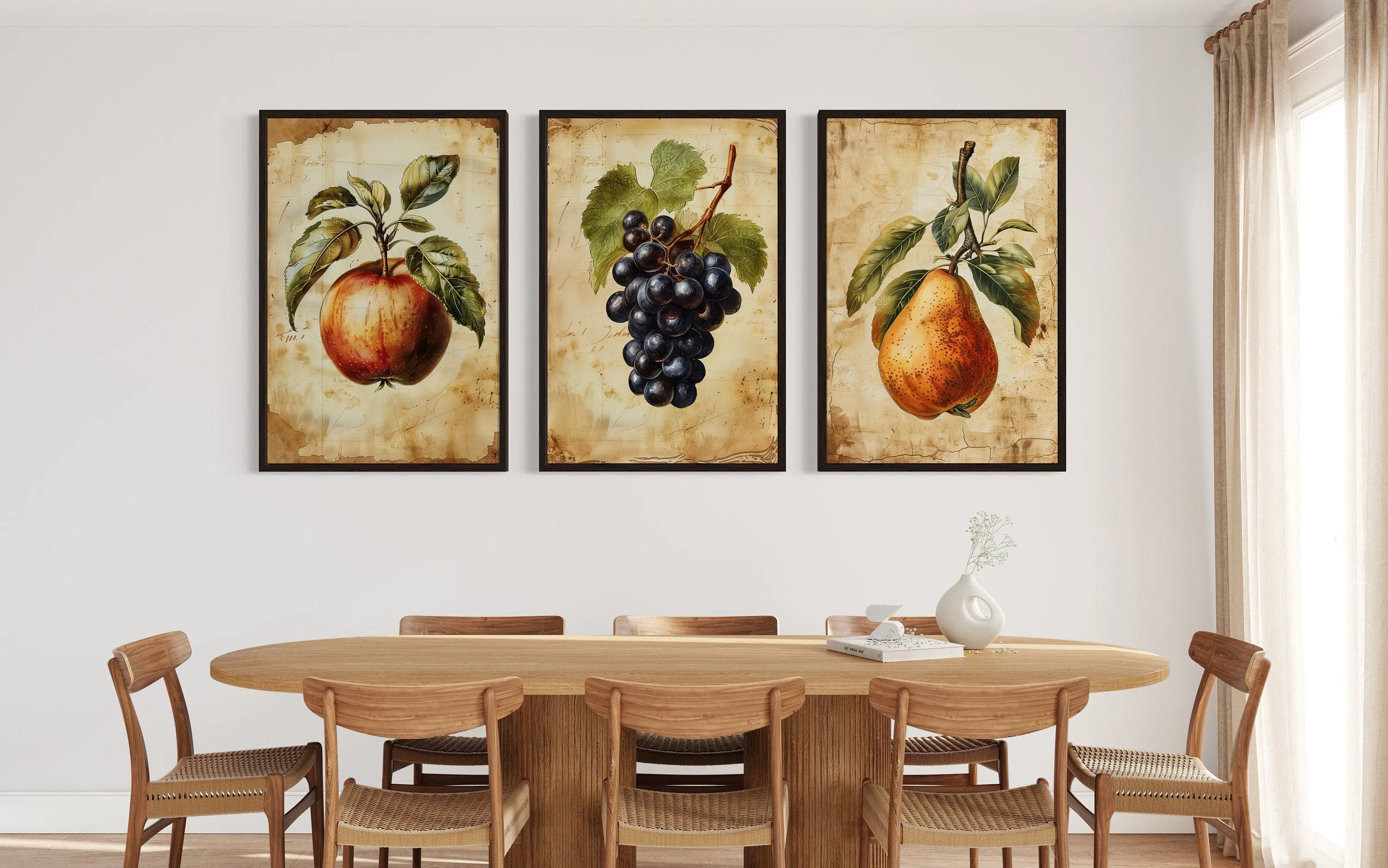 Set Of Three Vintage Fruit Wall Art For Dining Room Apple Pear Grapes