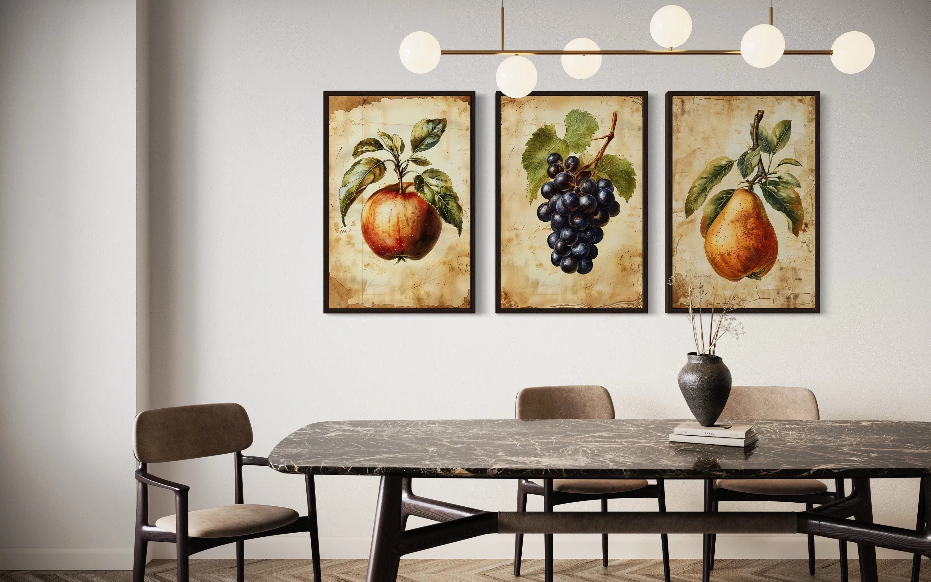 Set Of Three Vintage Fruit Wall Art For Dining Room Apple Pear Grapes