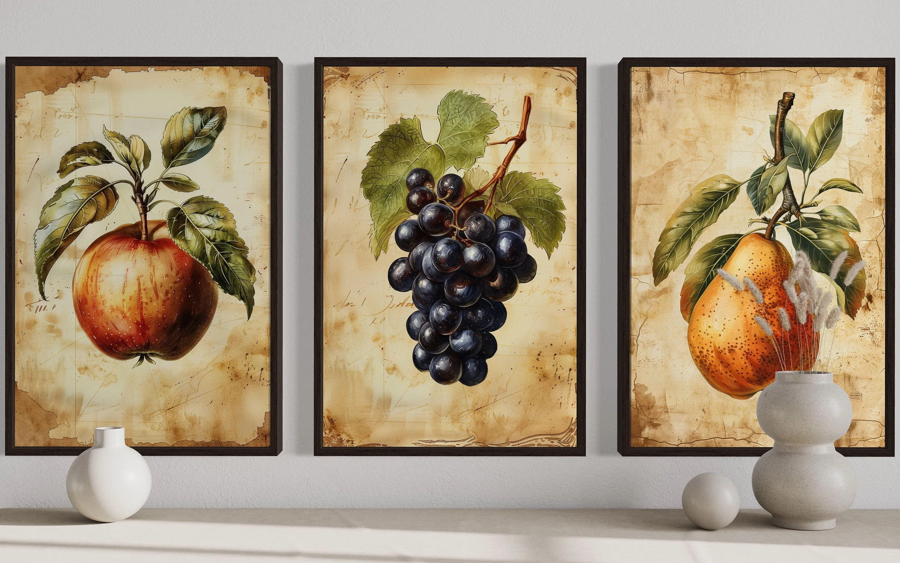 Set Of Three Vintage Fruit Wall Art For Dining Room Apple Pear Grapes