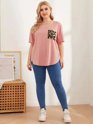 Shein brand casual top in pink with leopard pocket