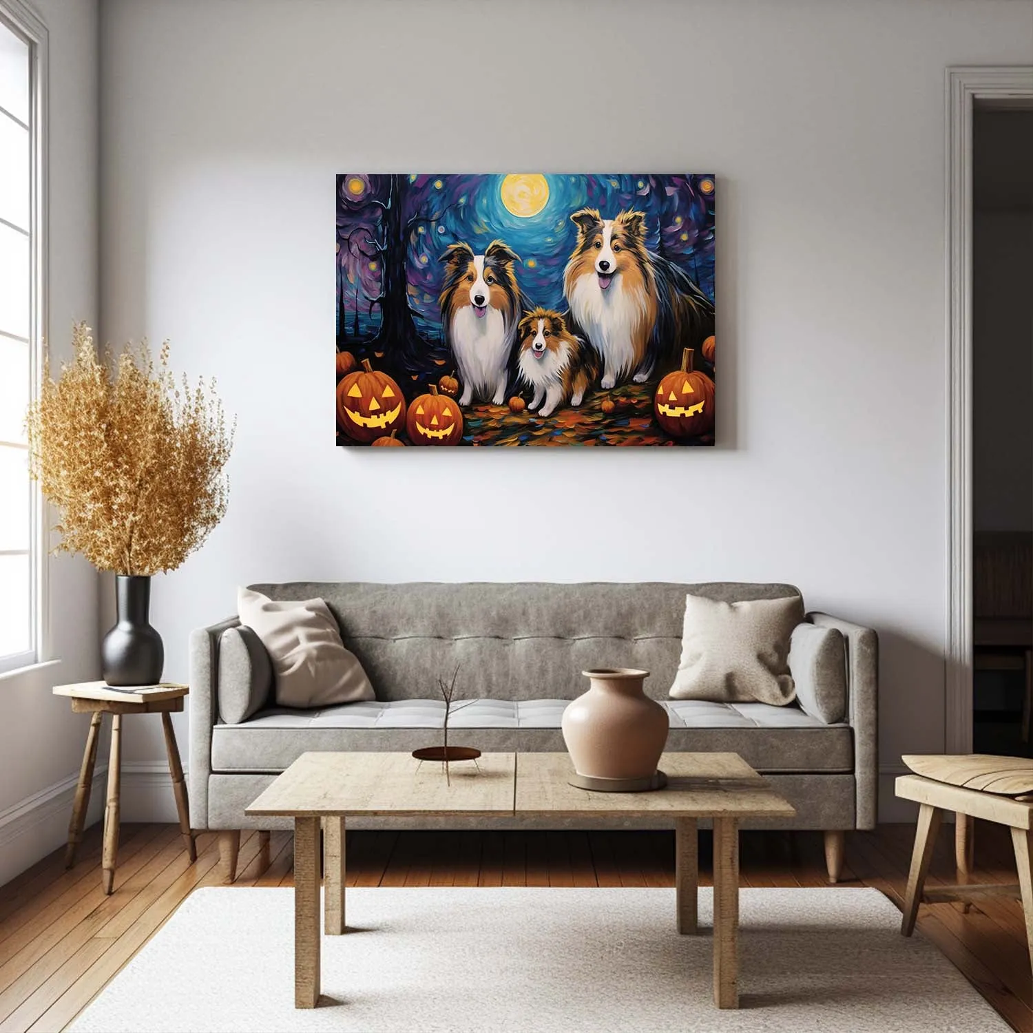 Shetland Sheepdogs Dog 01 Halloween With Pumpkin Oil Painting Van Goh Style, Wooden Canvas Prints Wall Art Painting , Canvas 3d Art