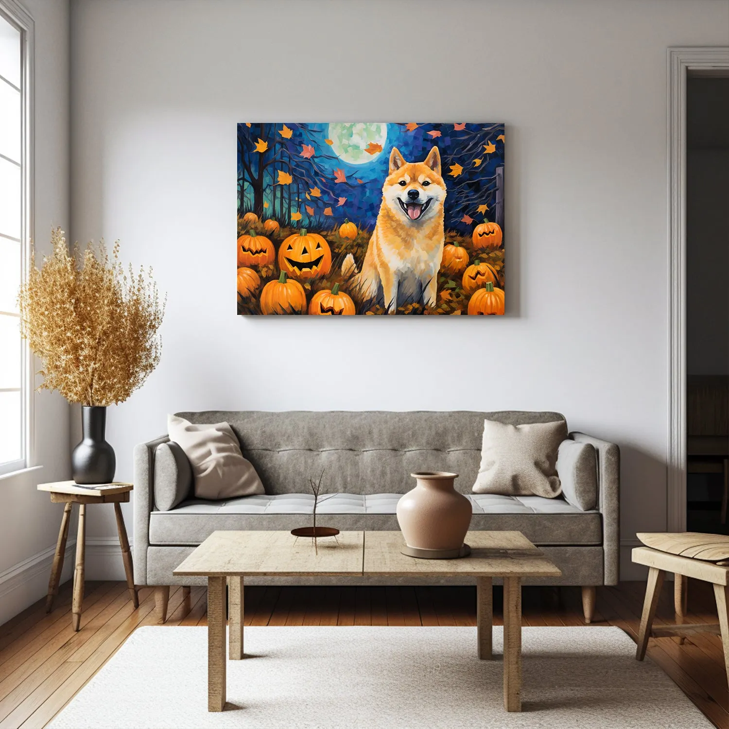 Shiba Inu Dog Halloween With Pumpkin Oil Painting Van Goh Style, Wooden Canvas Prints Wall Art Painting , Canvas 3d Art