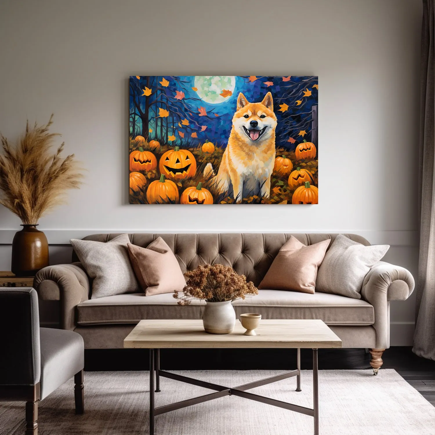 Shiba Inu Dog Halloween With Pumpkin Oil Painting Van Goh Style, Wooden Canvas Prints Wall Art Painting , Canvas 3d Art