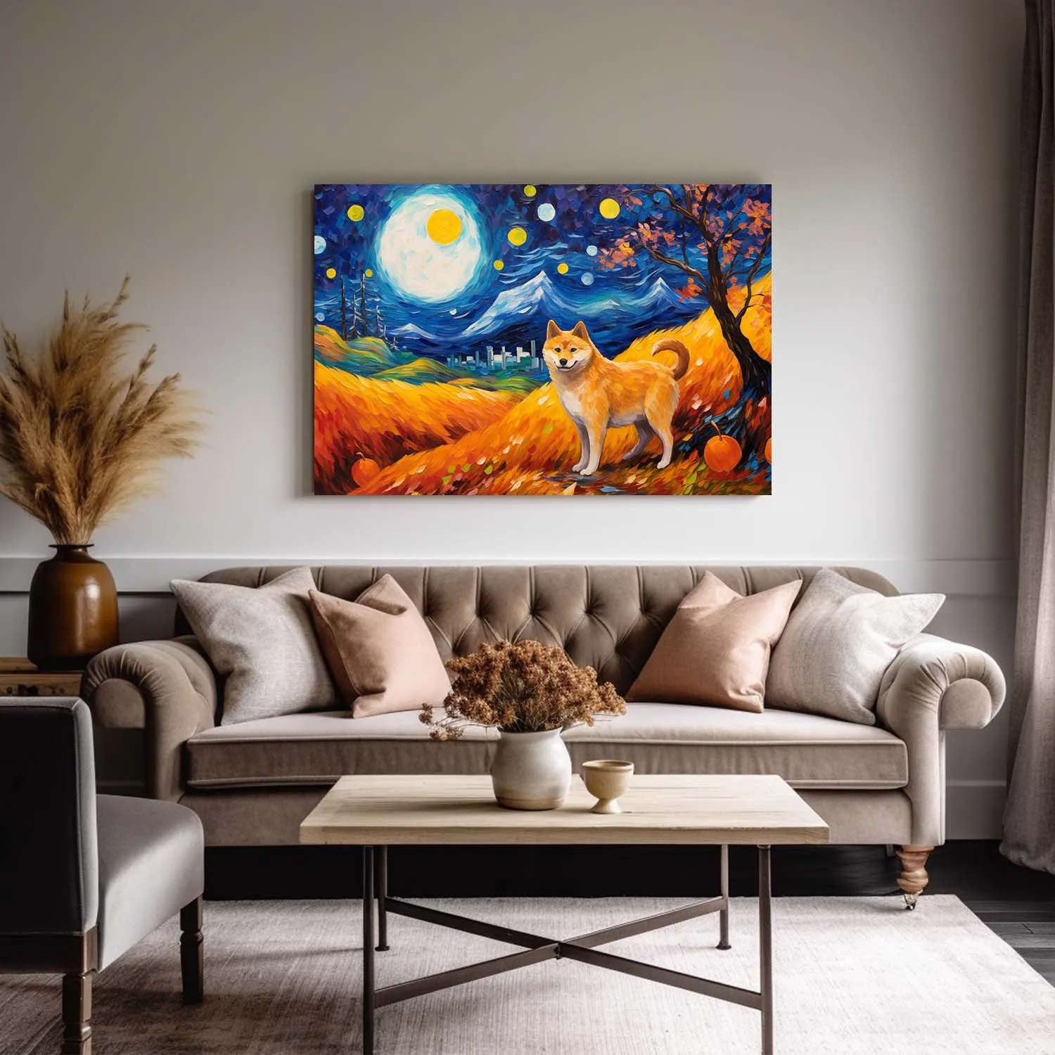 Shiba Inu Dog Halloween With Pumpkin Oil Painting Van Goh Style, Wooden Canvas Prints Wall Art Painting , Canvas 3d Art