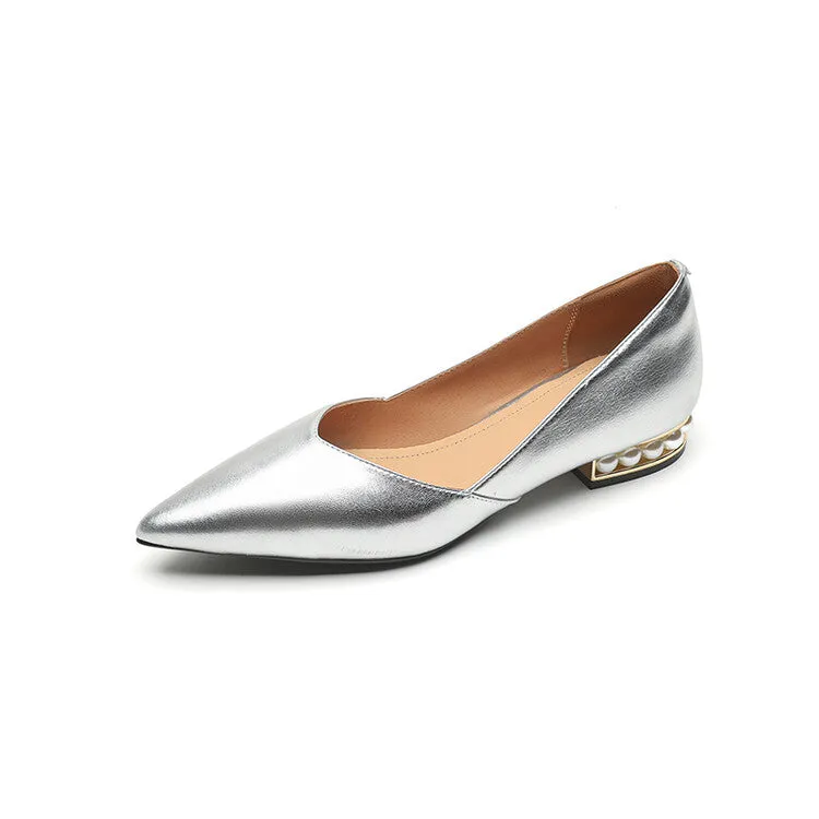 Silver Gold Pearl-Embellished Heel Flats #001118